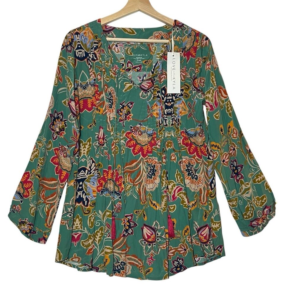 Anthropologie Love Kyla Top Eliana Blouse Small Size Floral Rayón Tassel NWT